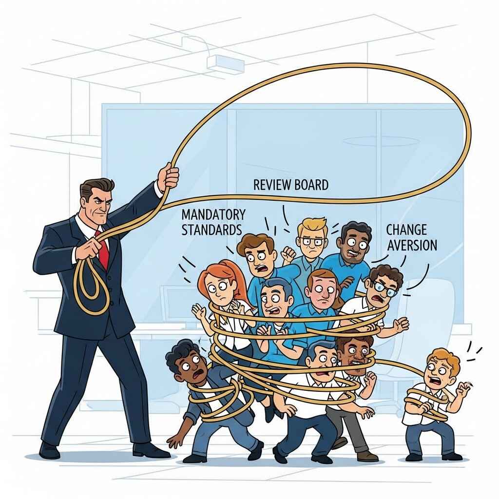 A group of developers are tangled up with lasso&rsquo;s labelled Review Board, Mandatory Standards and Change Aversion