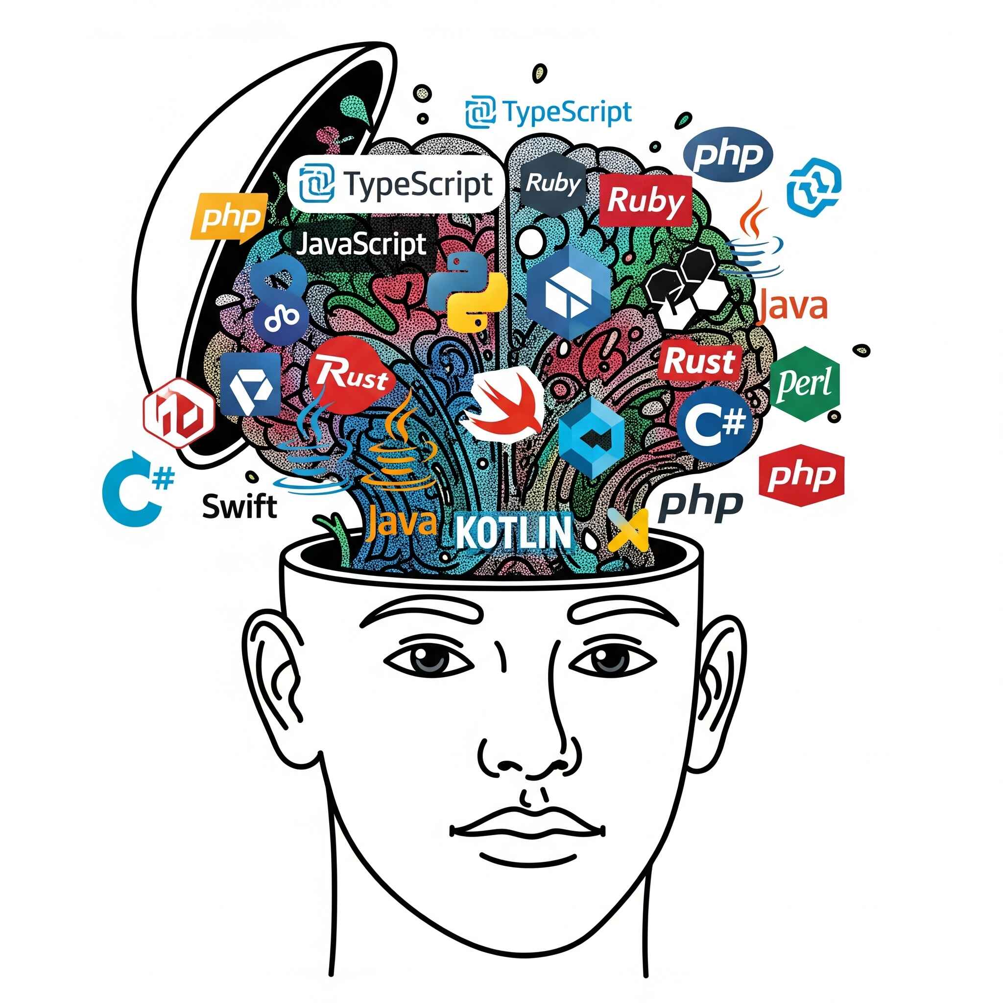 A head overflows with programming language logos